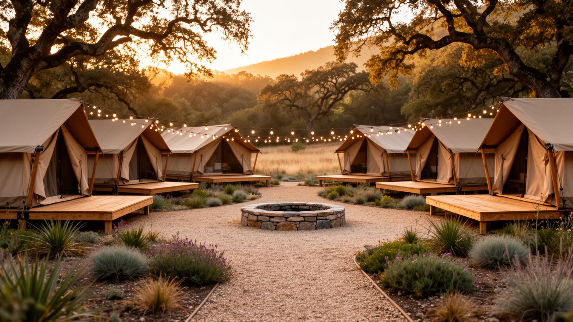 Communal arc of canvas glamping residences around a stone firepit in an oak meadow