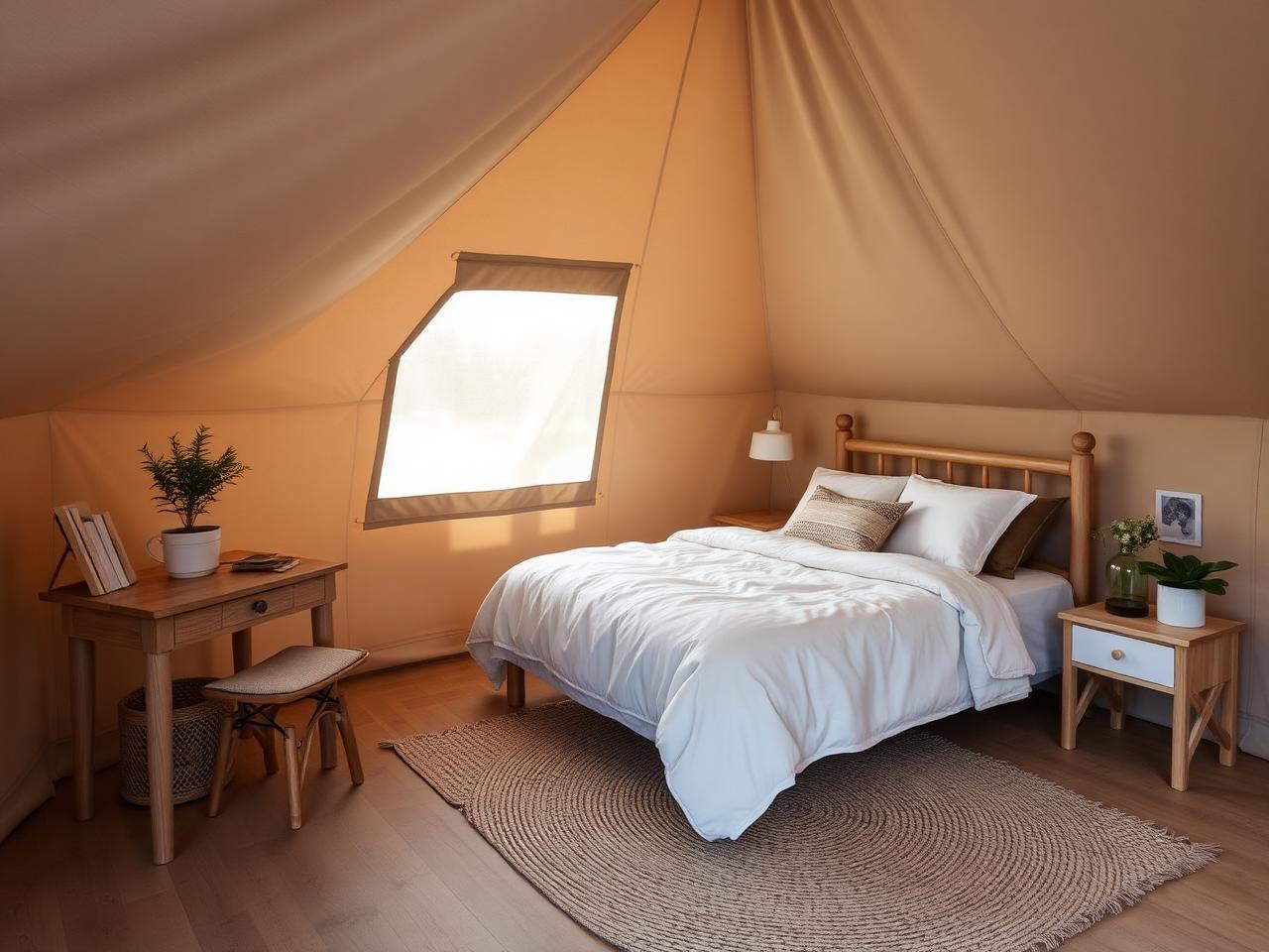 Interior of a canvas residence with linen bedding, desk, and plants